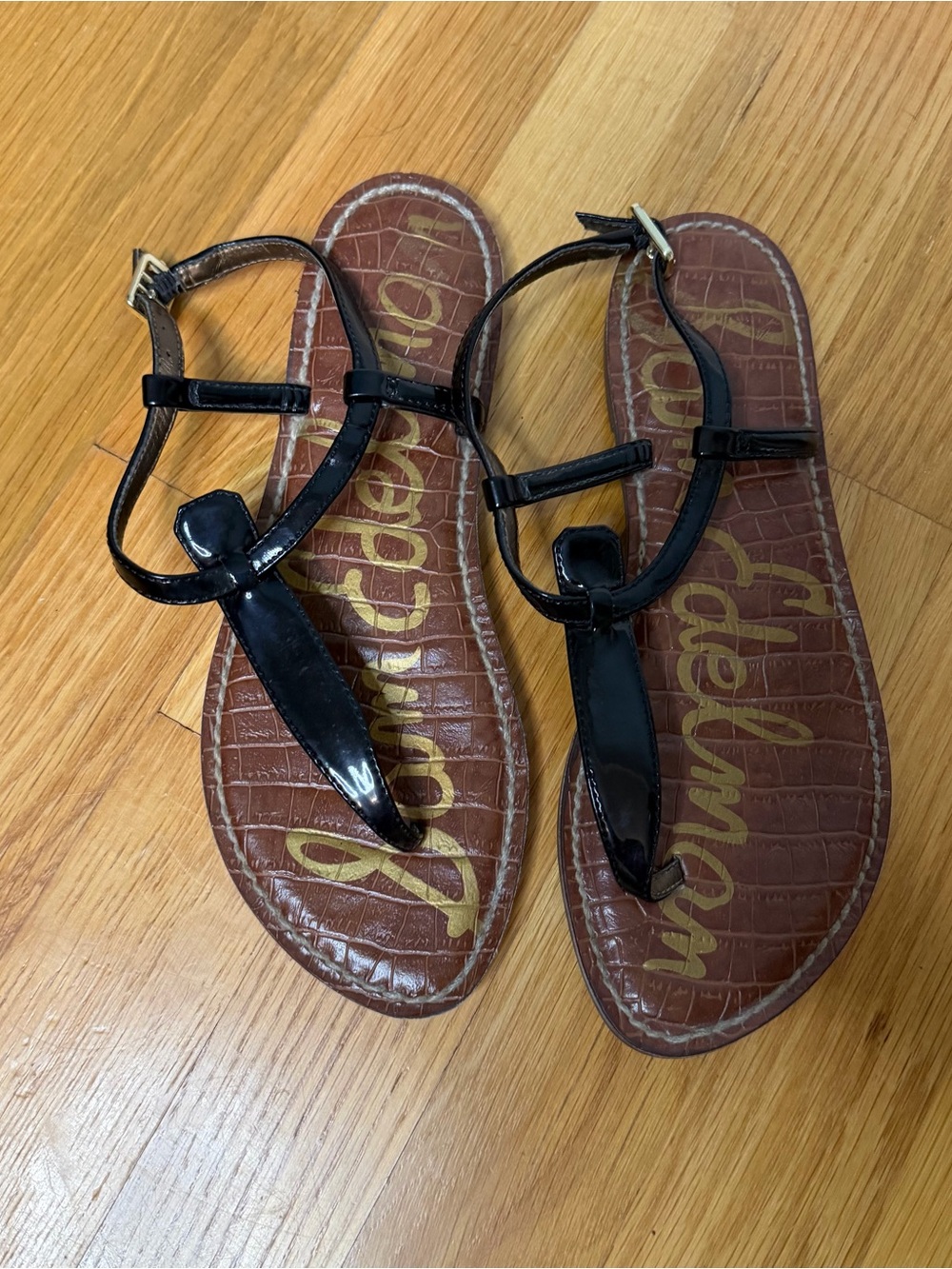 Sam Edelman Black Patent Brown Croc Gigi Flat Sandals Size 5.5 - Picture 5 of 15